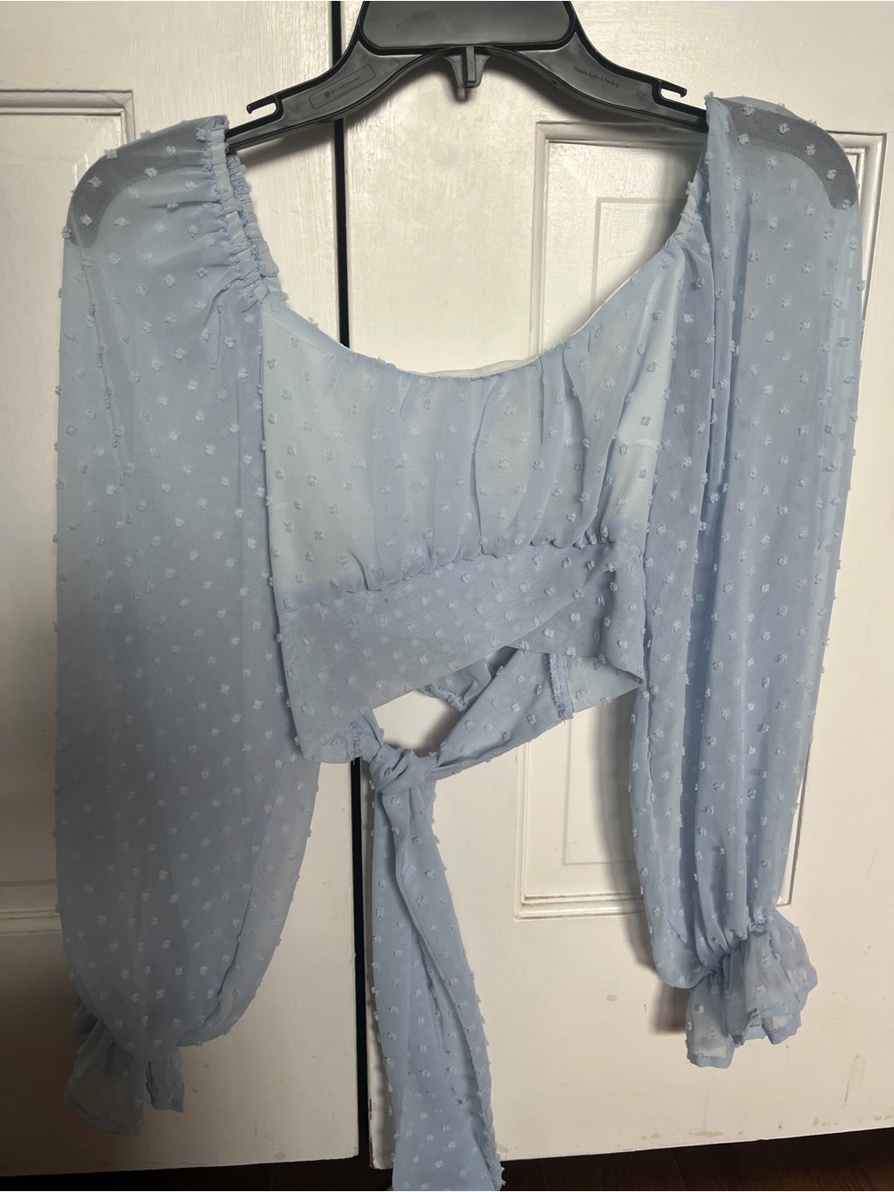 Light Blue Swiss Dot Tie-Front Women's Blouse, worn once